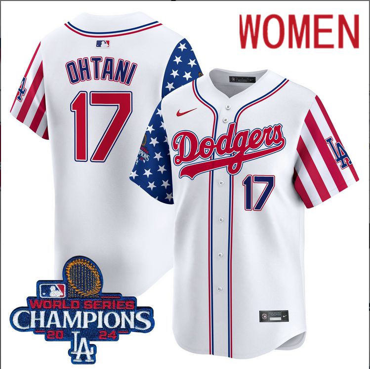 Women MLB Los Angeles Dodgers #17 Ohtani American Style white 2024 World Series Champions  Limited Jersey->women mlb jersey->Women Jersey